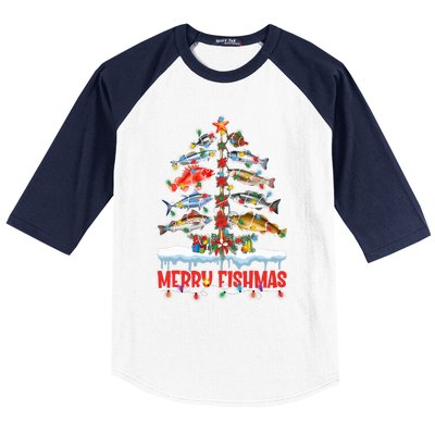 Fish Fishing Christmas Tree Lights Merry Fishmas Fishermen Baseball Sleeve Shirt