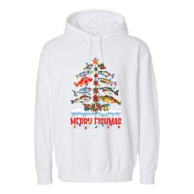 Fish Fishing Christmas Tree Lights Merry Fishmas Fishermen Garment-Dyed Fleece Hoodie