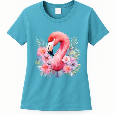 Floral Flamingo Cute Tropical Womens T-Shirt