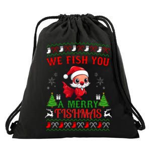 Fishing Funny Christmas Lights I Wish A Merry Fishmas Drawstring Bag