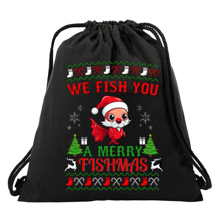 Fishing Funny Christmas Lights I Wish A Merry Fishmas Drawstring Bag