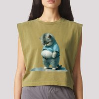 Funny Fat Cat Art Design Print Garment-Dyed Women's Muscle Tee