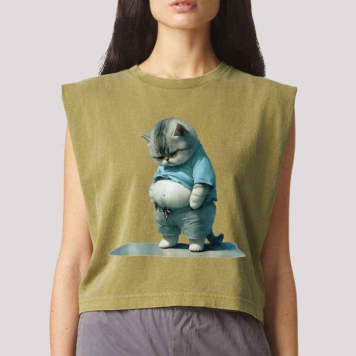 Funny Fat Cat Art Design Print Garment-Dyed Women's Muscle Tee