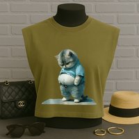 Funny Fat Cat Art Design Print Garment-Dyed Women's Muscle Tee
