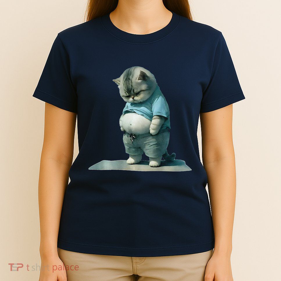 Funny Fat Cat Art Design Print T-Shirt