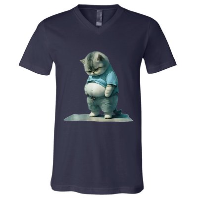 Funny Fat Cat Art Design Print V-Neck T-Shirt