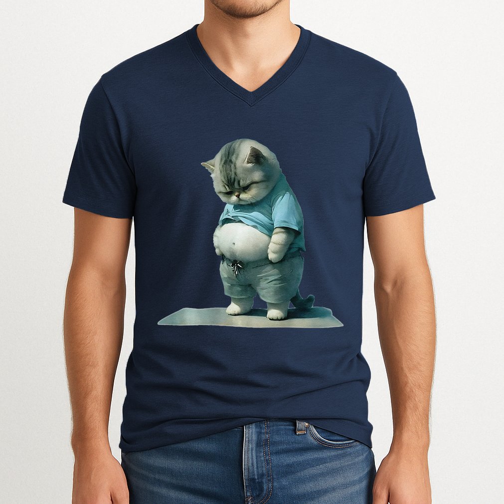 Funny Fat Cat Art Design Print V-Neck T-Shirt