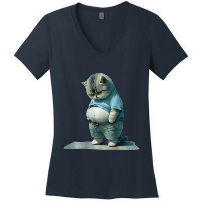 Funny Fat Cat Art Design Print Women's V-Neck T-Shirt