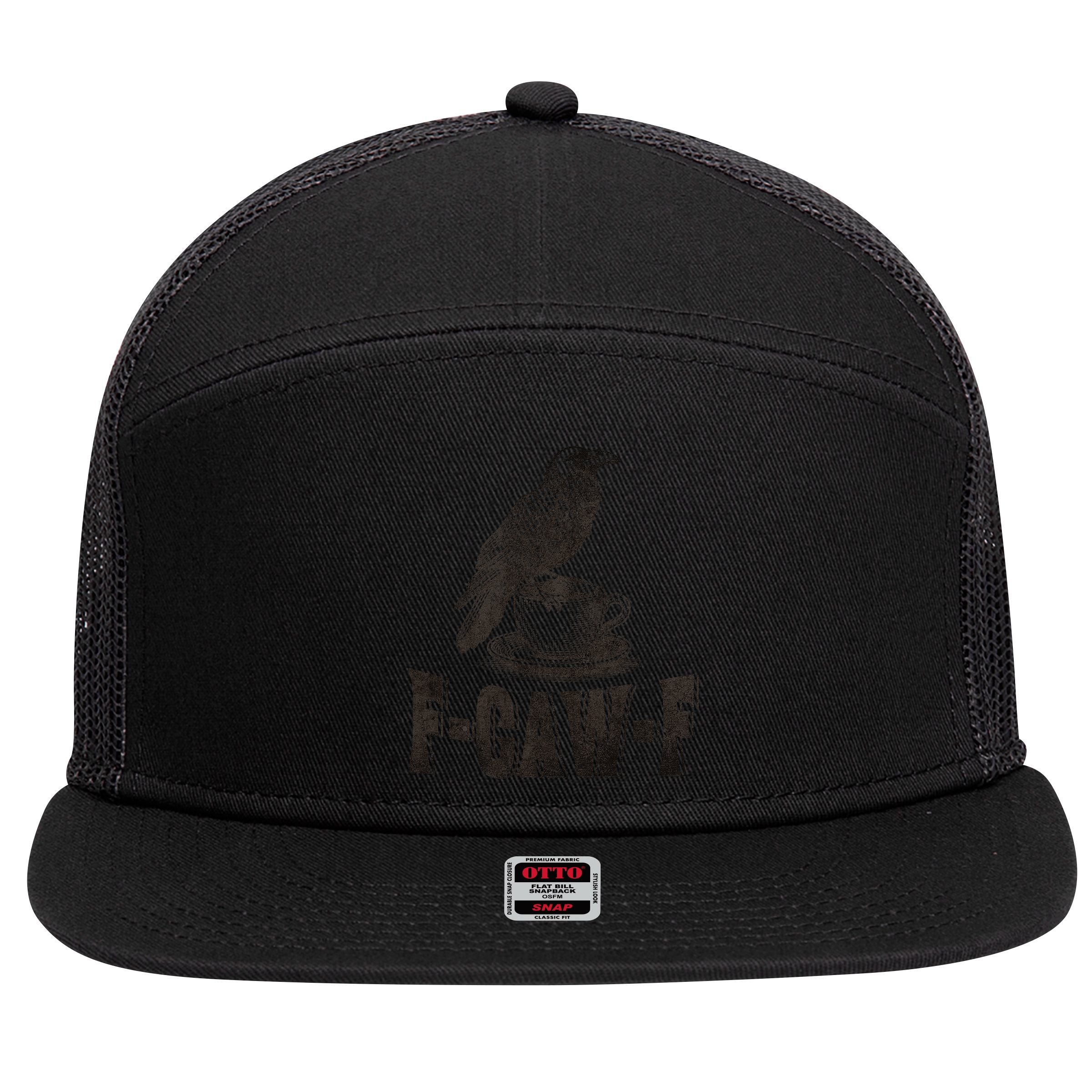 Funny F-CAW-F Crow Coffee Adult Humor Graphic 7 Panel Mesh Trucker Snapback Hat