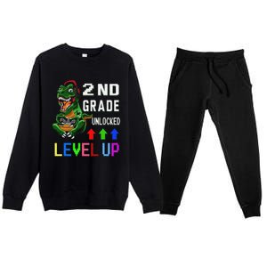 Funny First Day Of 2nd Grade T Rex Gamer Level Up Premium Crewneck Sweatsuit Set