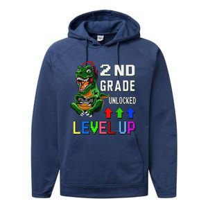 Funny First Day Of 2nd Grade T Rex Gamer Level Up Performance Fleece Hoodie