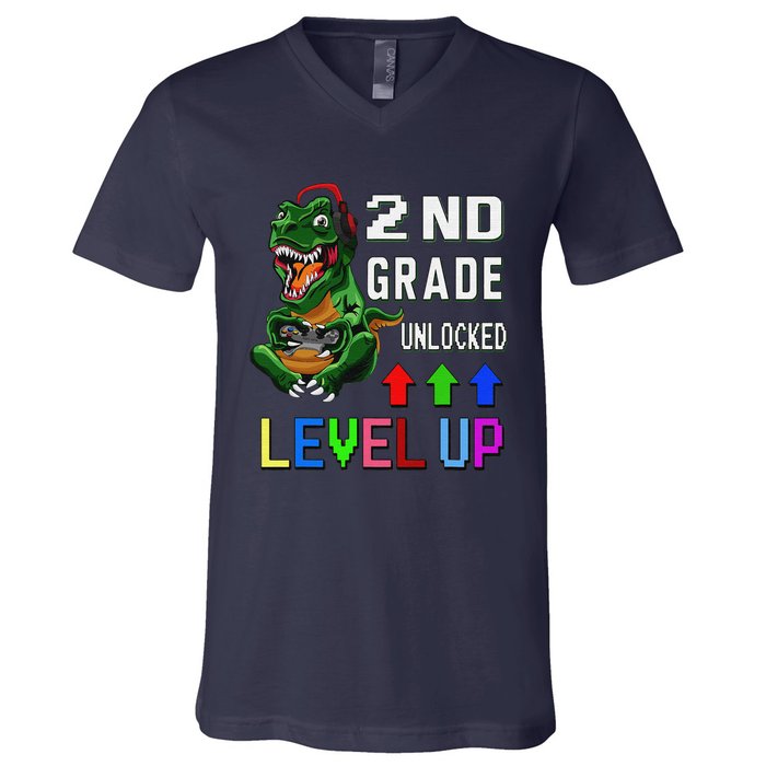 Funny First Day Of 2nd Grade T Rex Gamer Level Up V-Neck T-Shirt