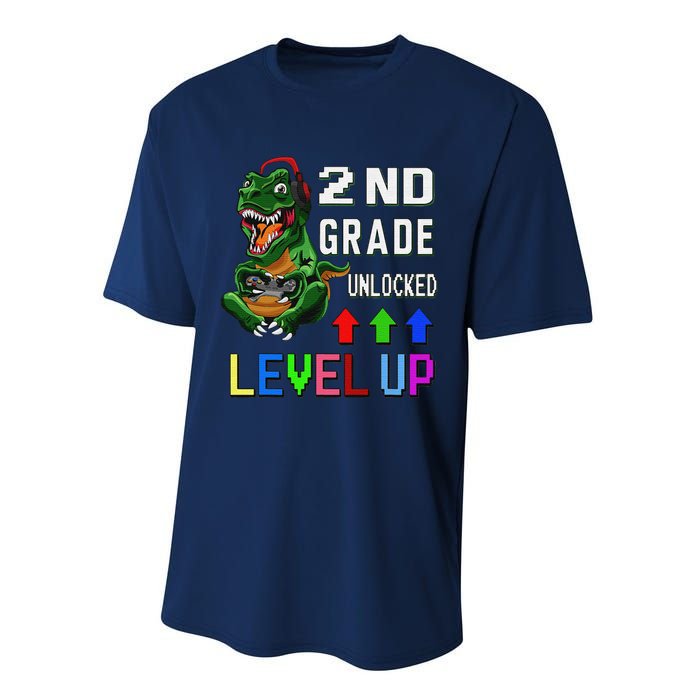 Funny First Day Of 2nd Grade T Rex Gamer Level Up Performance Sprint T-Shirt