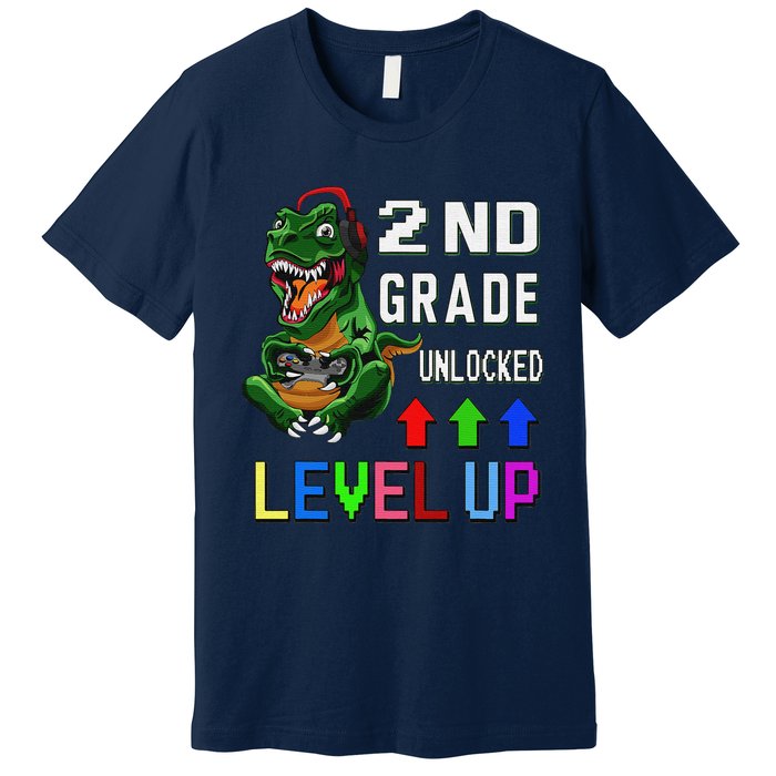 Funny First Day Of 2nd Grade T Rex Gamer Level Up Premium T-Shirt