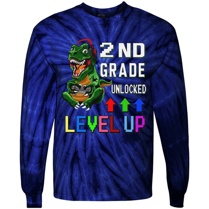 Funny First Day Of 2nd Grade T Rex Gamer Level Up Tie-Dye Long Sleeve Shirt