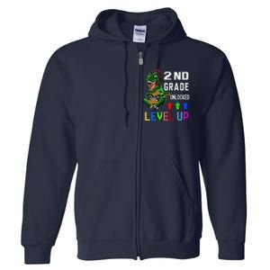 Funny First Day Of 2nd Grade T Rex Gamer Level Up Full Zip Hoodie