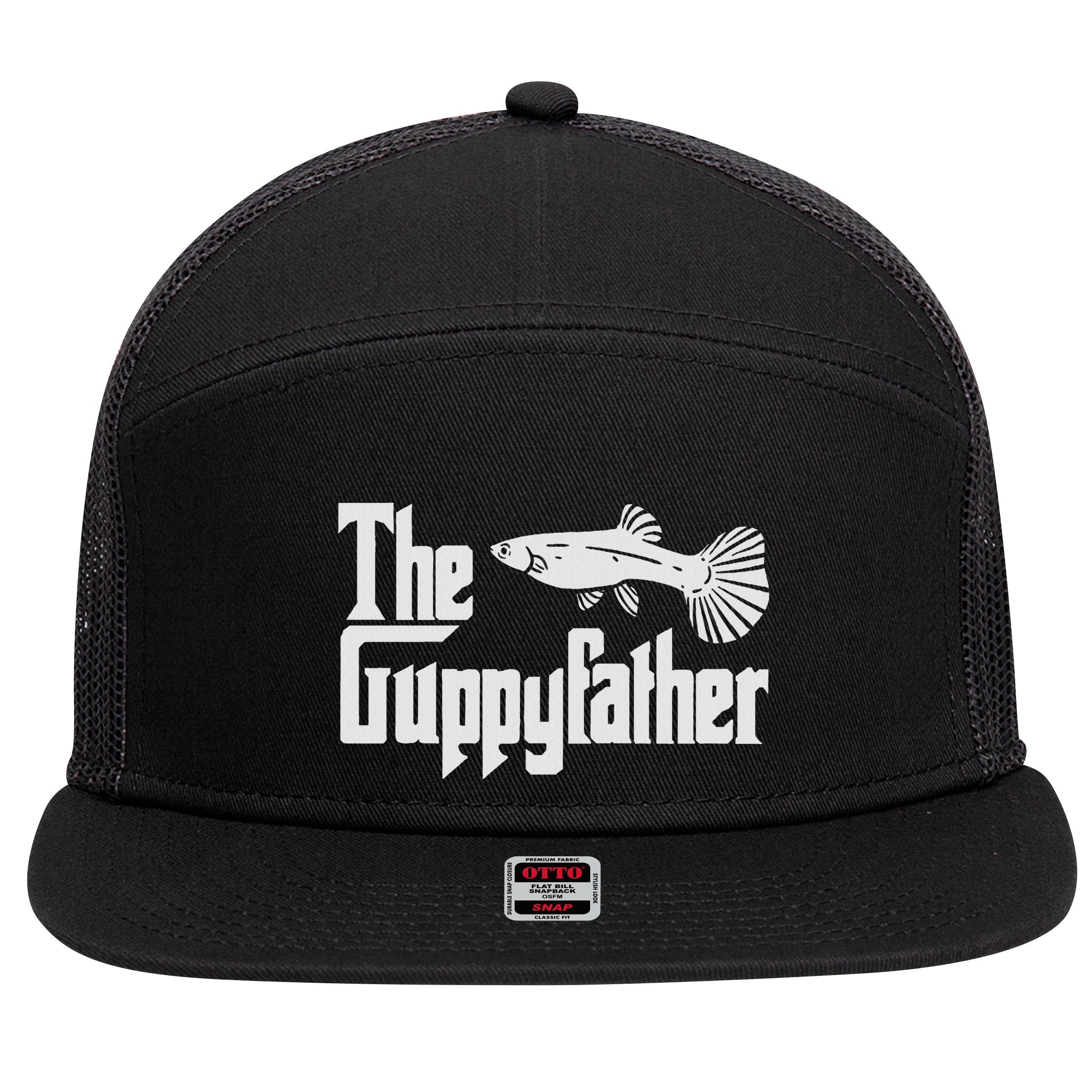 Funny Fathers Day The Guppy Father Fish Aquarium Pet Dad 7 Panel Mesh Trucker Snapback Hat