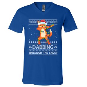 Funny Fox Dabbing Through The Snow Ugly Fox Christmas Gift V-Neck T-Shirt