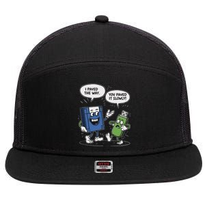 Funny Floppy Disk Vs. Usb Flash Drive Cartoon Design 7 Panel Mesh Trucker Snapback Hat