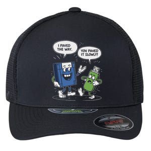 Funny Floppy Disk Vs. Usb Flash Drive Cartoon Design Flexfit Unipanel Trucker Cap