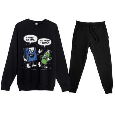 Funny Floppy Disk Vs. Usb Flash Drive Cartoon Design Premium Crewneck Sweatsuit Set