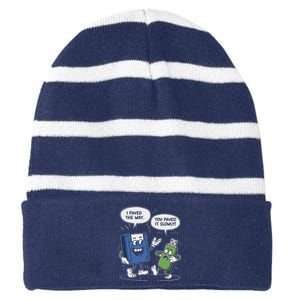 Funny Floppy Disk Vs. Usb Flash Drive Cartoon Design Striped Beanie with Solid Band