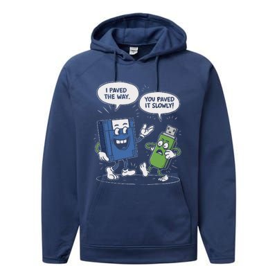 Funny Floppy Disk Vs. Usb Flash Drive Cartoon Design Performance Fleece Hoodie