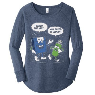 Funny Floppy Disk Vs. Usb Flash Drive Cartoon Design Women's Perfect Tri Tunic Long Sleeve Shirt