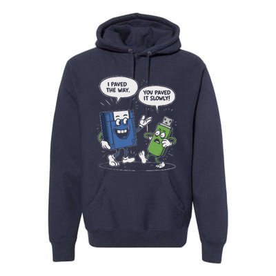 Funny Floppy Disk Vs. Usb Flash Drive Cartoon Design Premium Hoodie