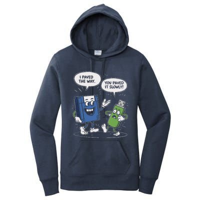 Funny Floppy Disk Vs. Usb Flash Drive Cartoon Design Women's Pullover Hoodie