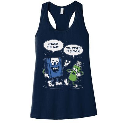 Funny Floppy Disk Vs. Usb Flash Drive Cartoon Design Women's Racerback Tank