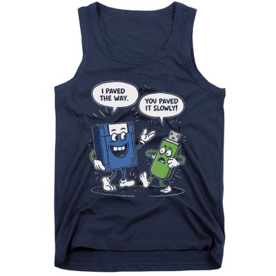 Funny Floppy Disk Vs. Usb Flash Drive Cartoon Design Tank Top