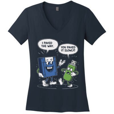 Funny Floppy Disk Vs. Usb Flash Drive Cartoon Design Women's V-Neck T-Shirt