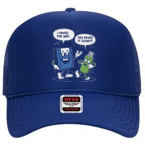 Funny Floppy Disk Vs. Usb Flash Drive Cartoon Design High Crown Mesh Back Trucker Hat