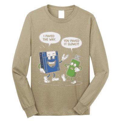 Funny Floppy Disk Vs. Usb Flash Drive Cartoon Design Long Sleeve Shirt