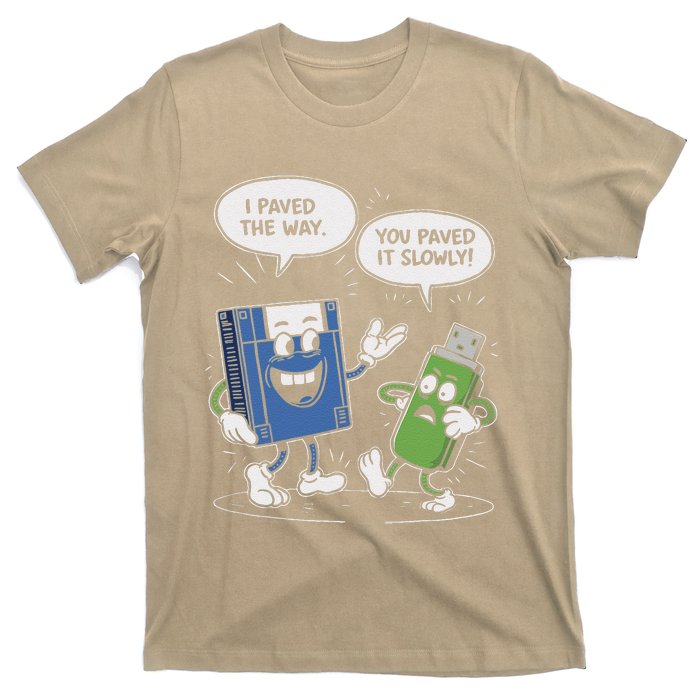 Funny Floppy Disk Vs. Usb Flash Drive Cartoon Design T-Shirt