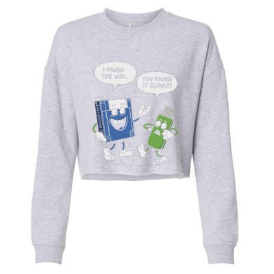 Funny Floppy Disk Vs. Usb Flash Drive Cartoon Design Cropped Pullover Crew