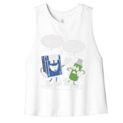 Funny Floppy Disk Vs. Usb Flash Drive Cartoon Design Women's Racerback Cropped Tank