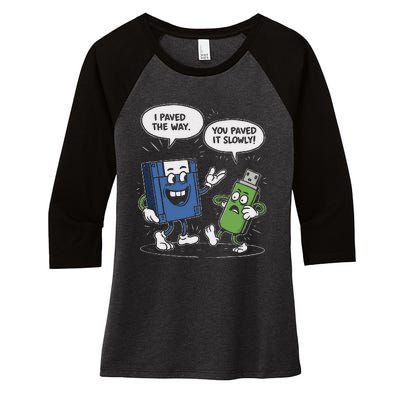 Funny Floppy Disk Vs. Usb Flash Drive Cartoon Design Women's Tri-Blend 3/4-Sleeve Raglan Shirt