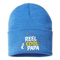 Funny FatherS Day Fish Reel Cool Fisher Papa Fishing Dad Funny Gift Sustainable Knit Beanie