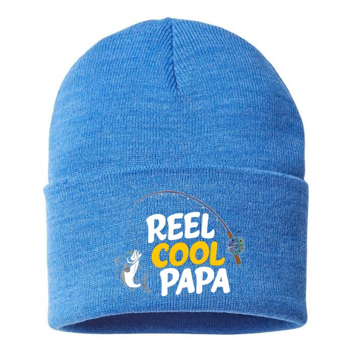 Funny FatherS Day Fish Reel Cool Fisher Papa Fishing Dad Funny Gift Sustainable Knit Beanie