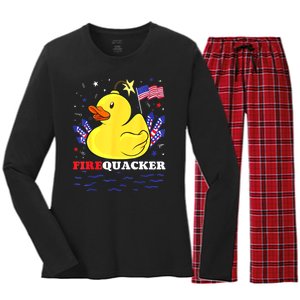 Funny Firecracker Duck 4th Of July Patriotic Day Usa Flag Gift Women's Long Sleeve Flannel Pajama Set 