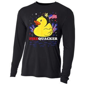 Funny Firecracker Duck 4th Of July Patriotic Day Usa Flag Gift Cooling Performance Long Sleeve Crew