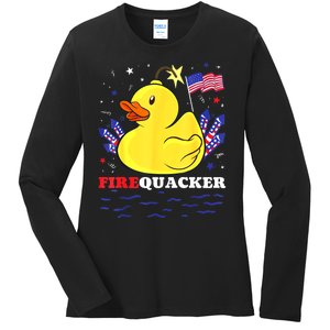 Funny Firecracker Duck 4th Of July Patriotic Day Usa Flag Gift Ladies Long Sleeve Shirt