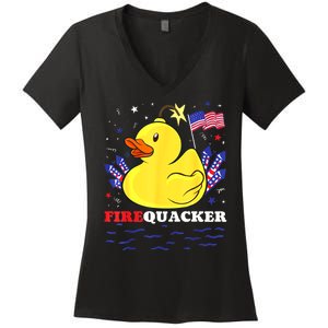 Funny Firecracker Duck 4th Of July Patriotic Day Usa Flag Gift Women's V-Neck T-Shirt