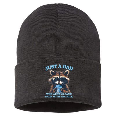 Funny Fathers Day Just A Dad Who Always Came Back With The Milk Raccoon Sustainable Knit Beanie
