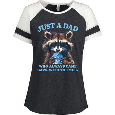 Funny Fathers Day Just A Dad Who Always Came Back With The Milk Raccoon Enza Ladies Jersey Colorblock Tee