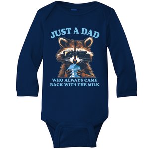 Funny Fathers Day Just A Dad Who Always Came Back With The Milk Raccoon Baby Long Sleeve Bodysuit