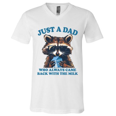 Funny Fathers Day Just A Dad Who Always Came Back With The Milk Raccoon V-Neck T-Shirt