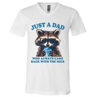 Funny Fathers Day Just A Dad Who Always Came Back With The Milk Raccoon V-Neck T-Shirt